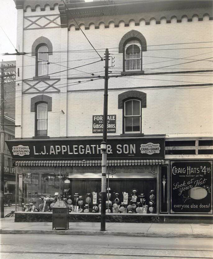 L.J. Applegath & Son Limited. A storefront with signage advertising Craig Hats, 22-24 Queen Street East, at Victoria Street, north-west corner, 1920s