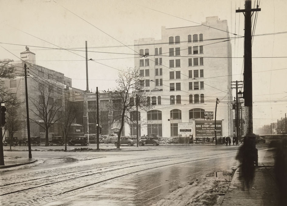 Dundas Street West and University Avenue, site for a new nine-story addition to the Maclean-Hunter Building. View is looking north-east across University Avenue, 1926