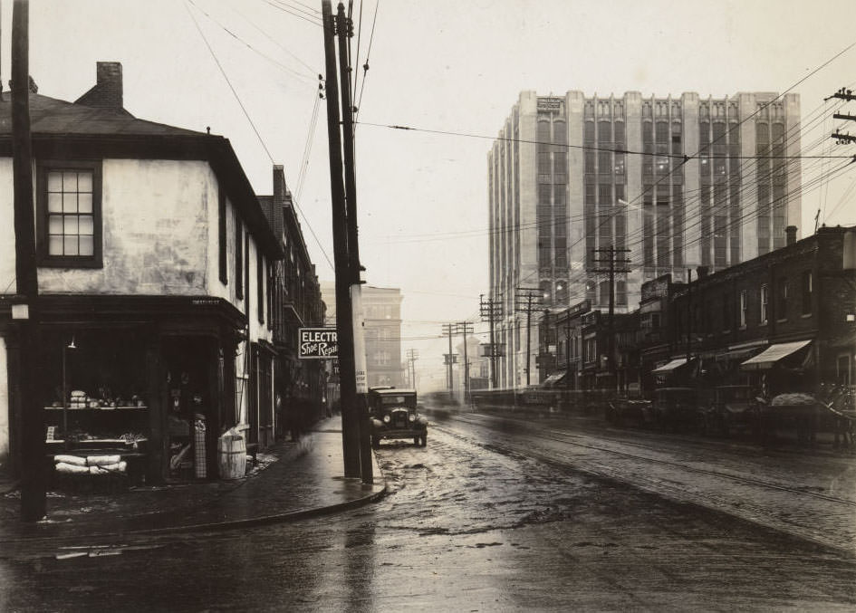 Dundas Street West & Chestnut Street. View is looking west, towards the Maclean-Hunter Building, 1929