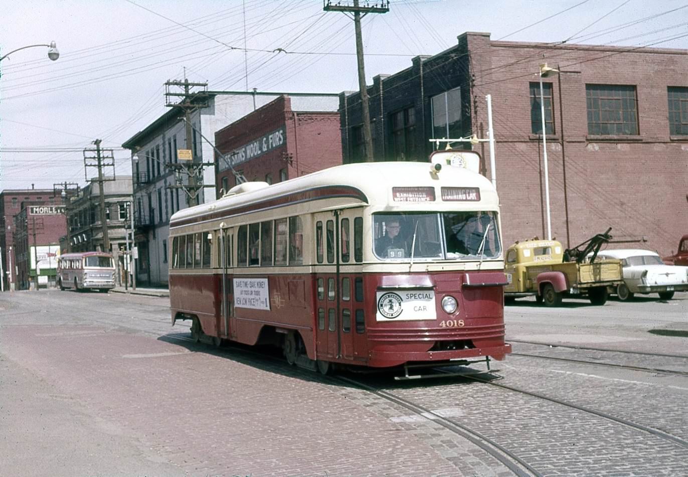 TTC Special Car on Sherbourne Street, view is looking north to King Street, 1961.