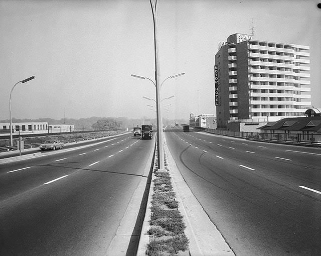 Looking east on the Gardiner. Seaway Towers on the right, 1960s