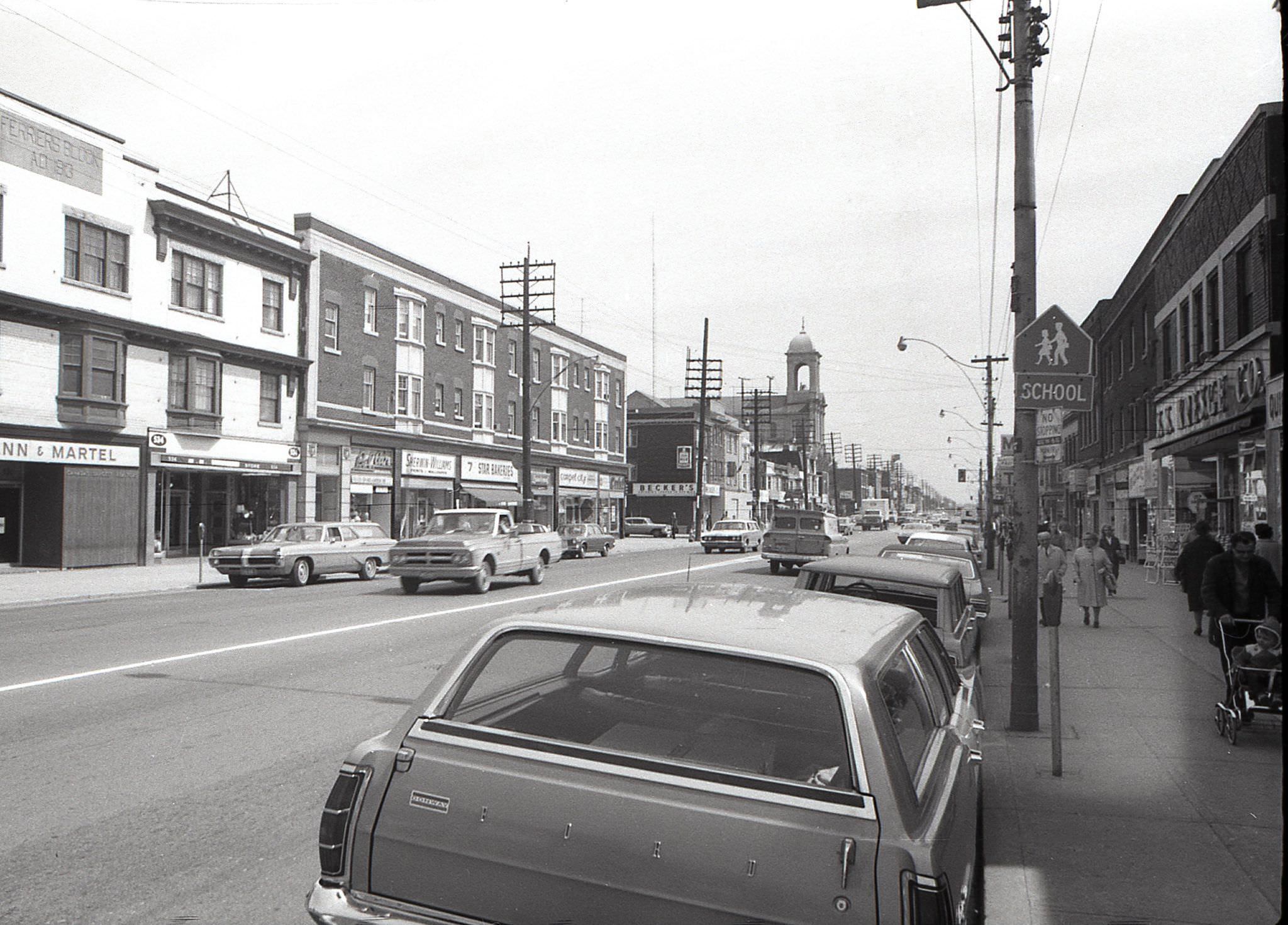 Looking east along Danforth from Fenwick Avenue, April 1969.