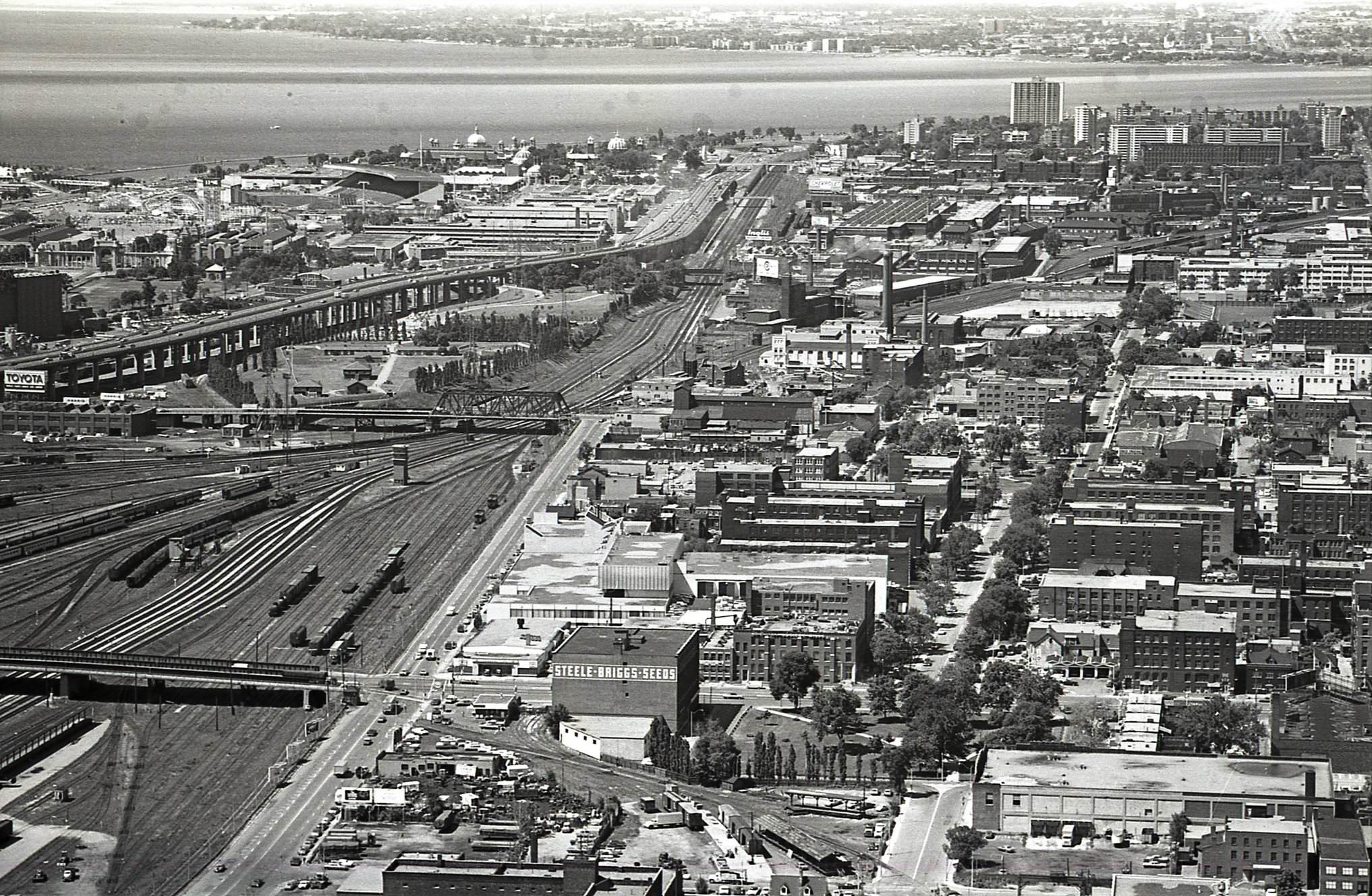 Aerial view looking west, 1960s.