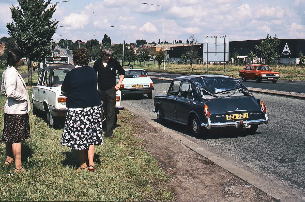 The A4123 near Dudley following a road traffic accident at Tipton Crossroads on 28th August 1982.