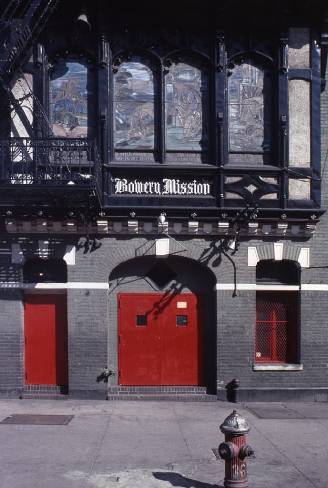 The Bowery Mission building, located at 227 Bowery, between Rivington and Stanton Streets, Manhattan, 1978