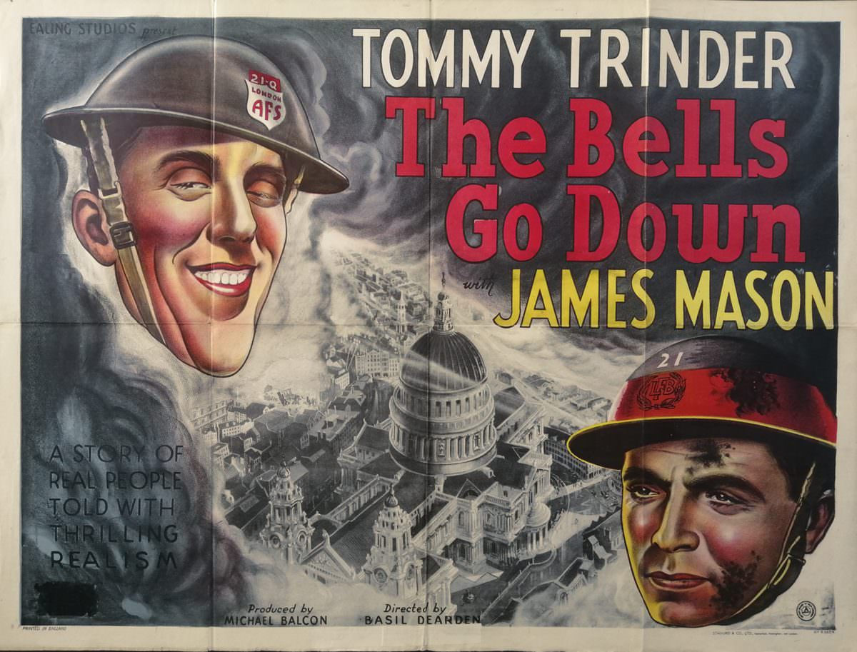 The Bells Go Down is a 1943 black-and-white wartime film. The reference in the title is to the alarm bells in the fire station that “go down” when a call to respond is made.