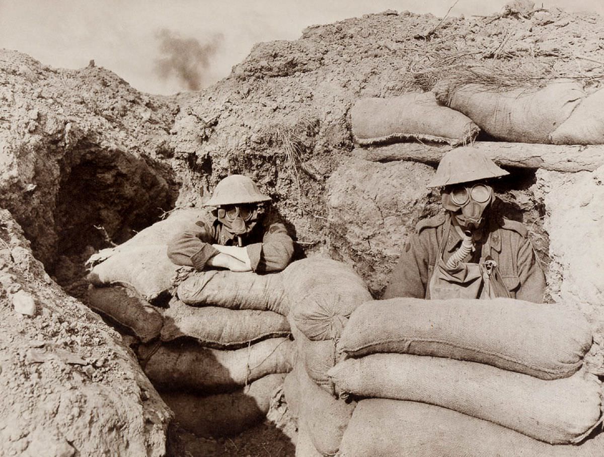 During a gas attack. Funk holes in the trenches