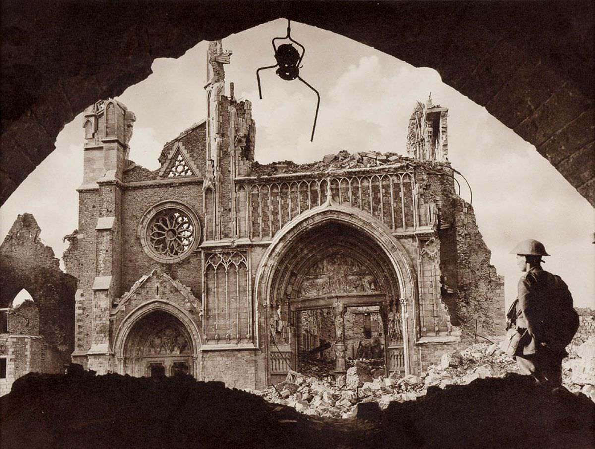 The ruined Cathedral, Ypres, viewed from the Cloth Hall