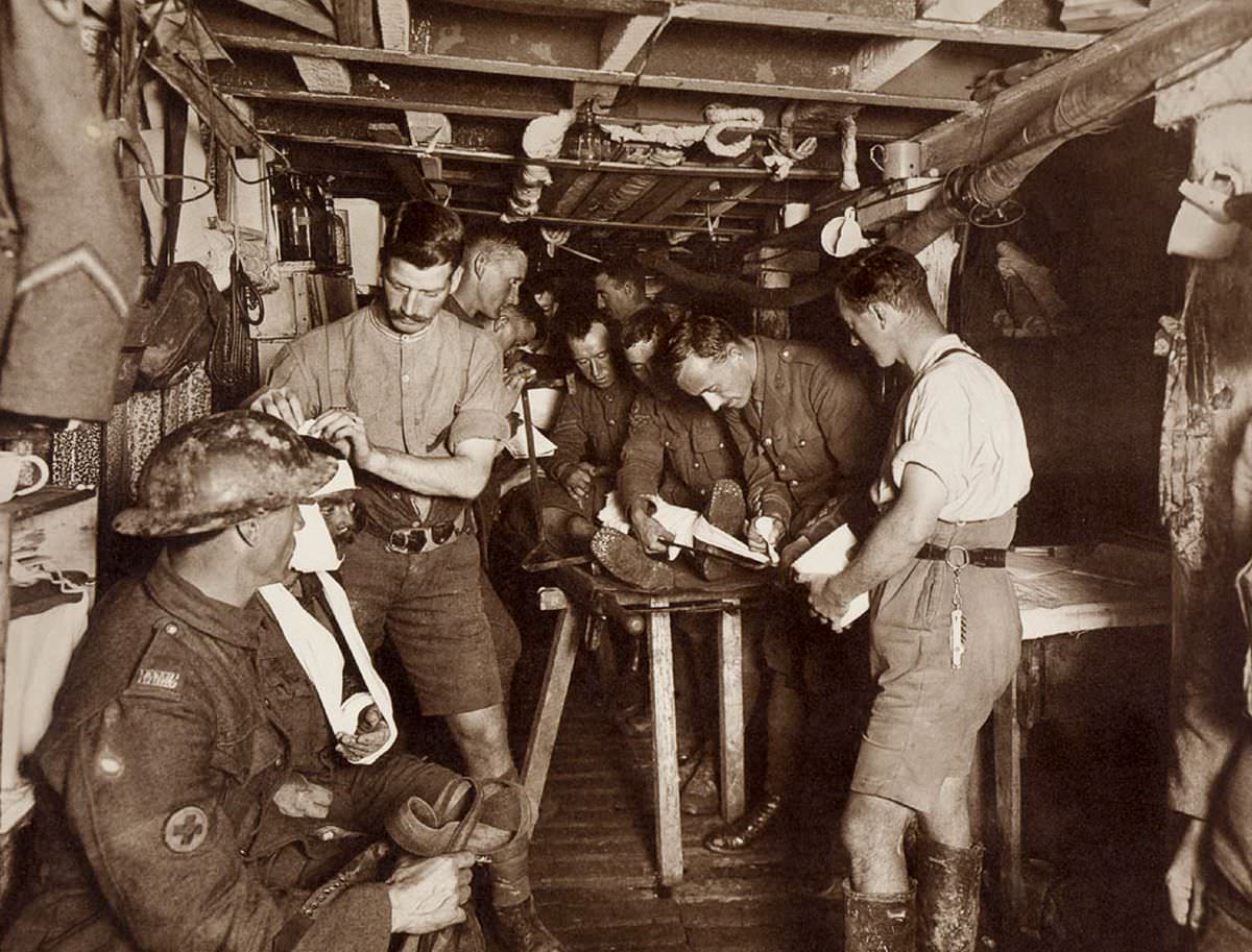 Attending to wounded in the advanced dressing station on Hill 60