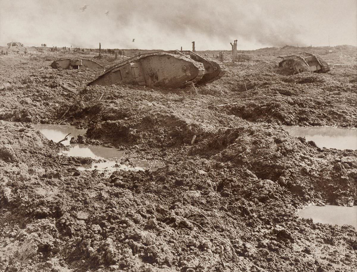 Derelict tanks knocked out of action by an enemy tank strafing gun