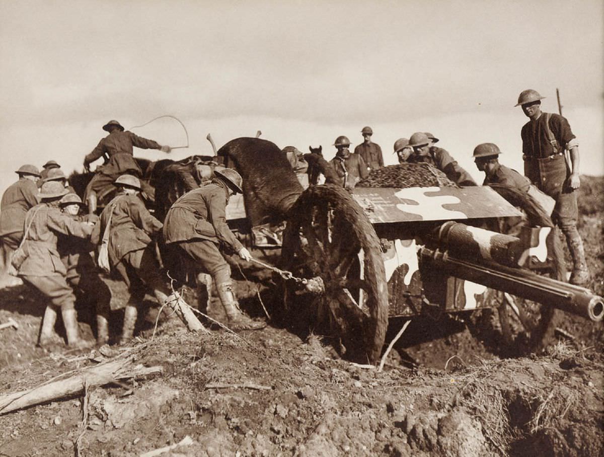 Hauling up an 18 pounder across captured ground to an advanced position