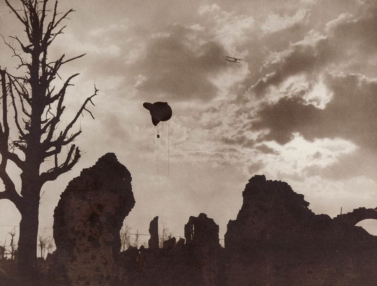 An observation balloon over the ruins of Ypres