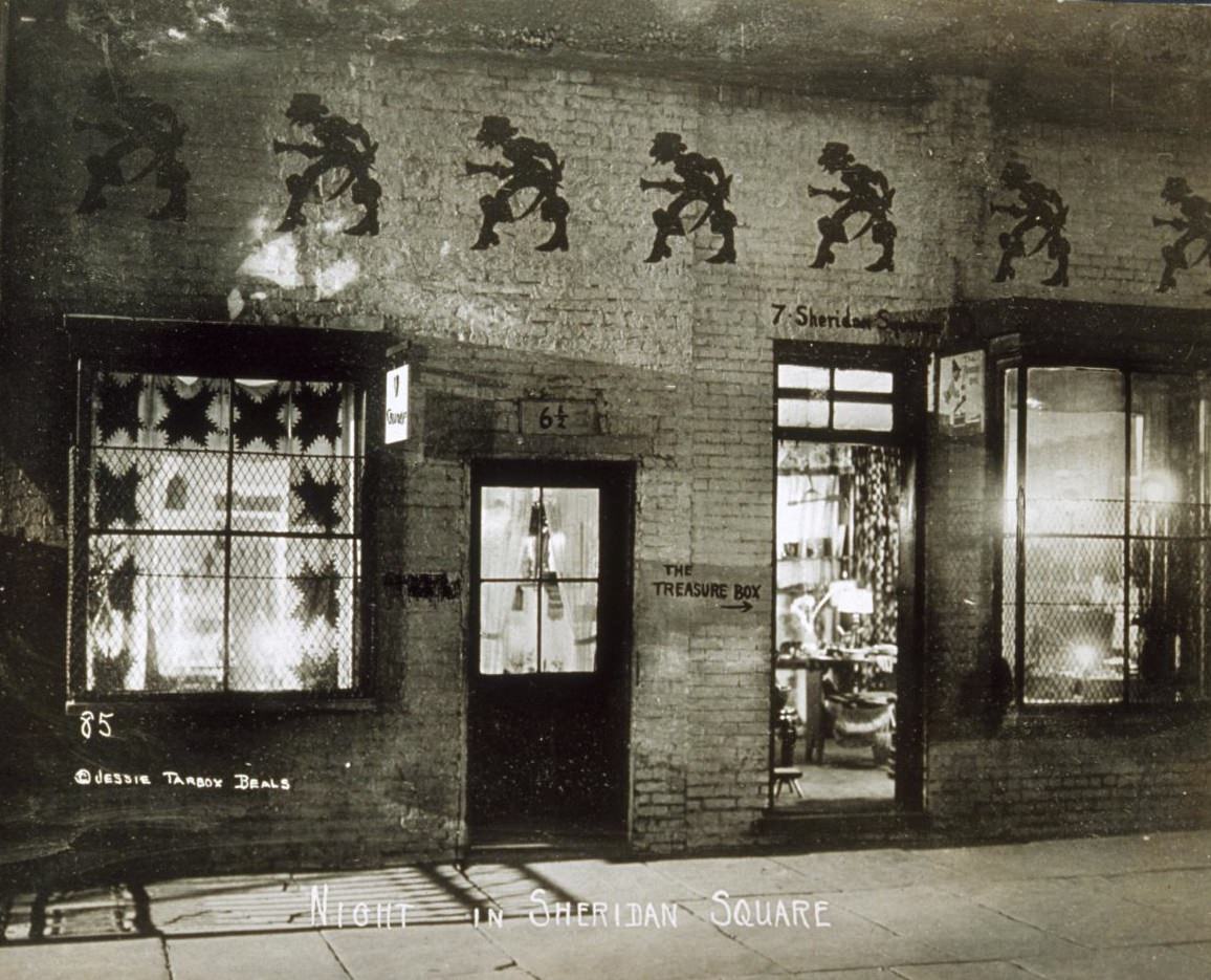 Exterior view of The Crumperie and The Treasure Box at night, 1920