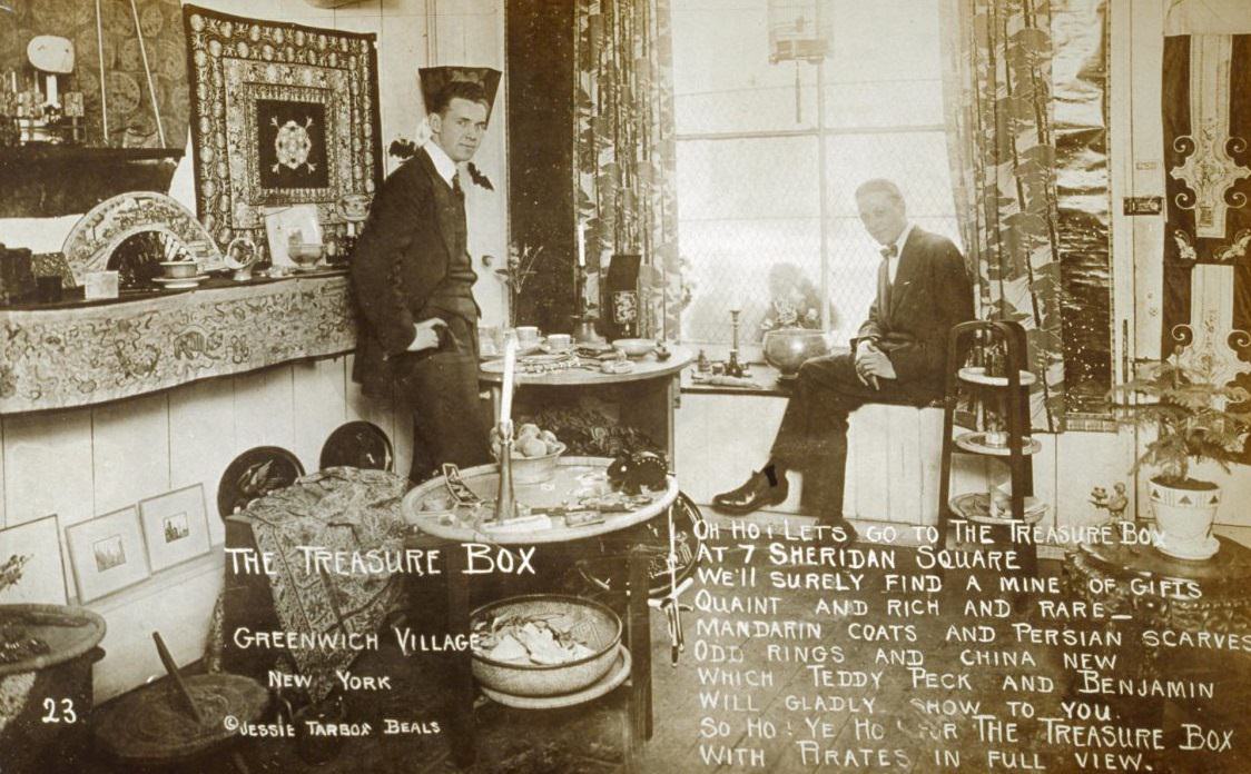 Teddy Peck and Romayne Benjamin in their retail shop, The Treasure Box, 1920