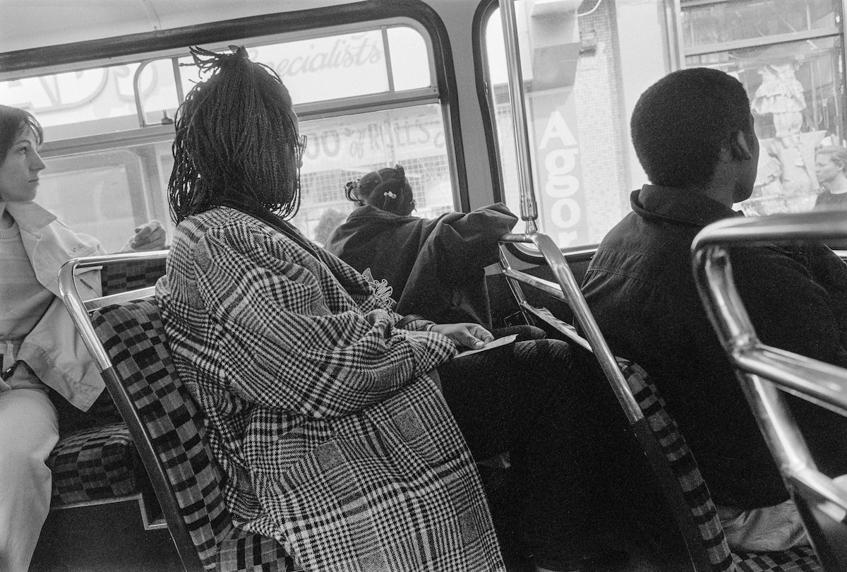 Passengers on a bus in South London, 1991