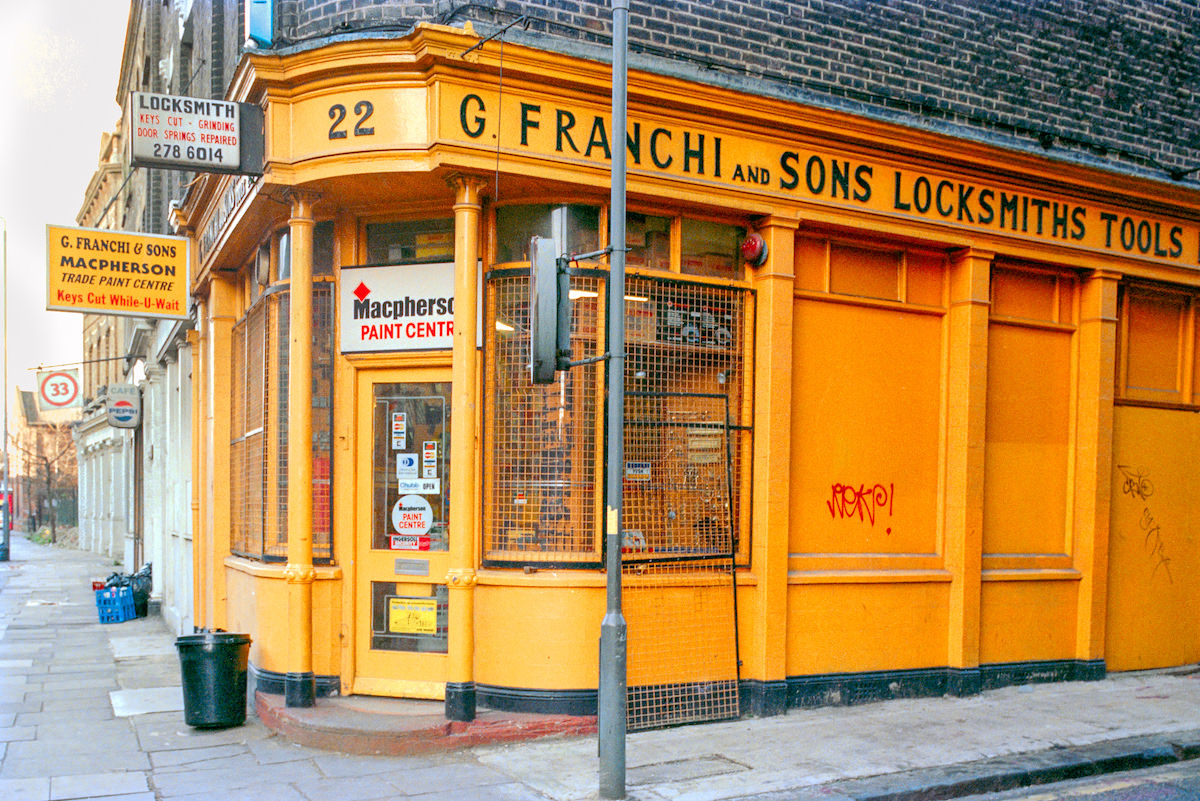 G Franchi & Sons, Locksmiths, Pancras Rd, Kings Cross, Camden, 1990,