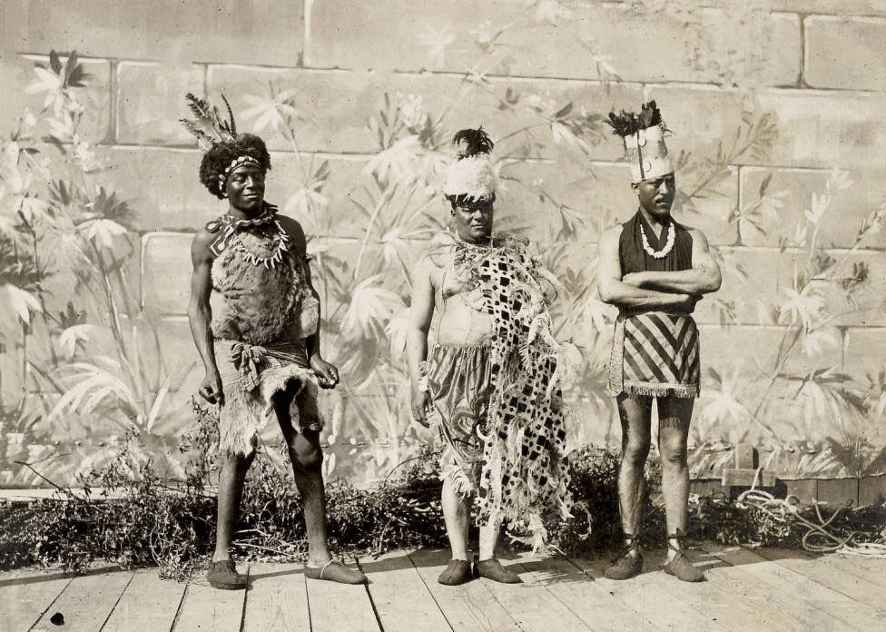 William E. Mack depicting 'Africa', Clarence E. Fleming as the 'Oceanic Islands' and Frank Ferguson as 'Australia' in the Masque, Pageant and Masque of St. Louis