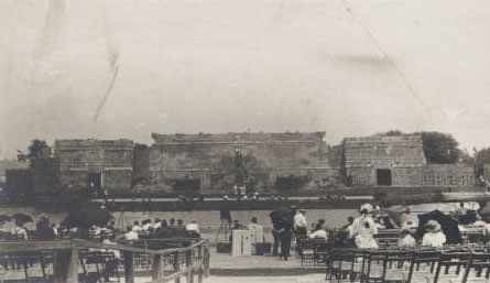 Camera men and photographers record the stage of the Pageant and Masque of St. Louis, the 1914 drama in Forest Park.