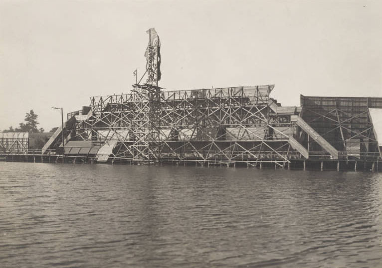 The structure of the Great Bear, Wasapedan, loomed over the stage of the Pageant and Masque of St. Louis in Forest Park during construction, 1914