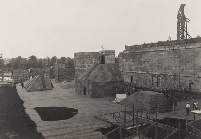 Workmen put finishing touches on the stage of the Pageant and Masque of St. Louis, 1914