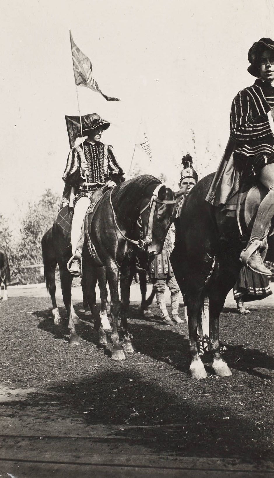 A volunteer actor rides to the stage for performance in the medieval scene in the Masque, Pageant and Masque of St. Louis, 1914