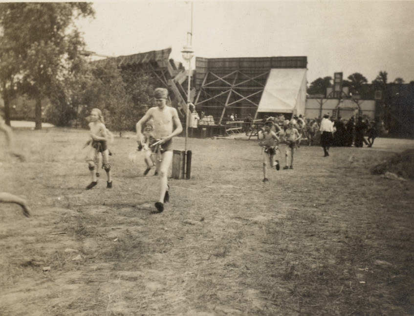 Boys portraying Maya dancers in the Masque, exercise outside of the stage in Forest Park, 1914