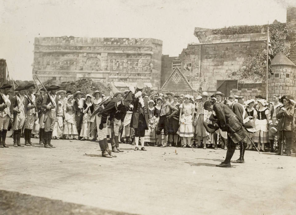 Captain Amos Stoddard and Governor Charles Dehault Delassus greet each other before the transfer of Louisiana to the United States, Pageant, 1914