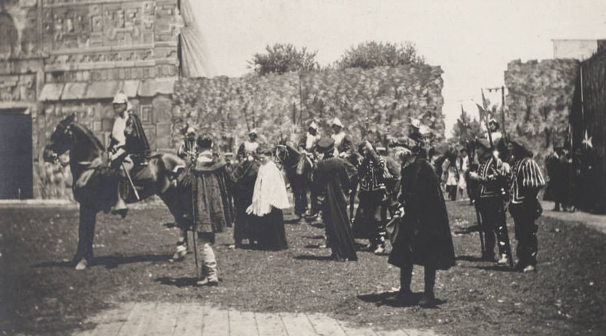 Luke E. Hart as the explorer Hernando De Soto and actors portraying Spanish soldiers and priests perform in the Pageant, Pageant and Masque of St. Louis.