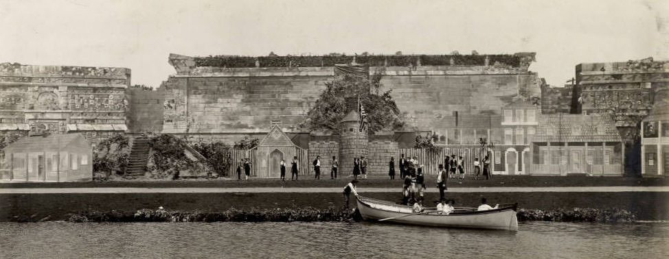 The scene in the Pageant, Pageant and Masque of St. Louis, depicts Meriwether Lewis, William Clark and expedition members leaving St. Louis.