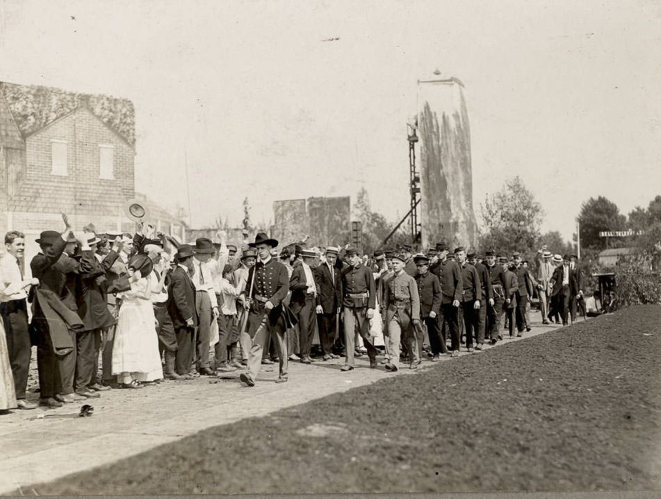 A troop of Union soldiers leaves St. Louis for Civil War duty, a scene in the Pageant, Pageant and Masque of St. Louis.