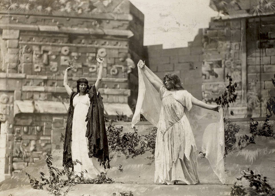 Actresses portraying the allegorical figures of 'Poverty' and 'Imagination' perform in the Masque, Pageant and Masque of St. Louis, Forest Park, St. Louis, Missouri, May 28-31, 1914.