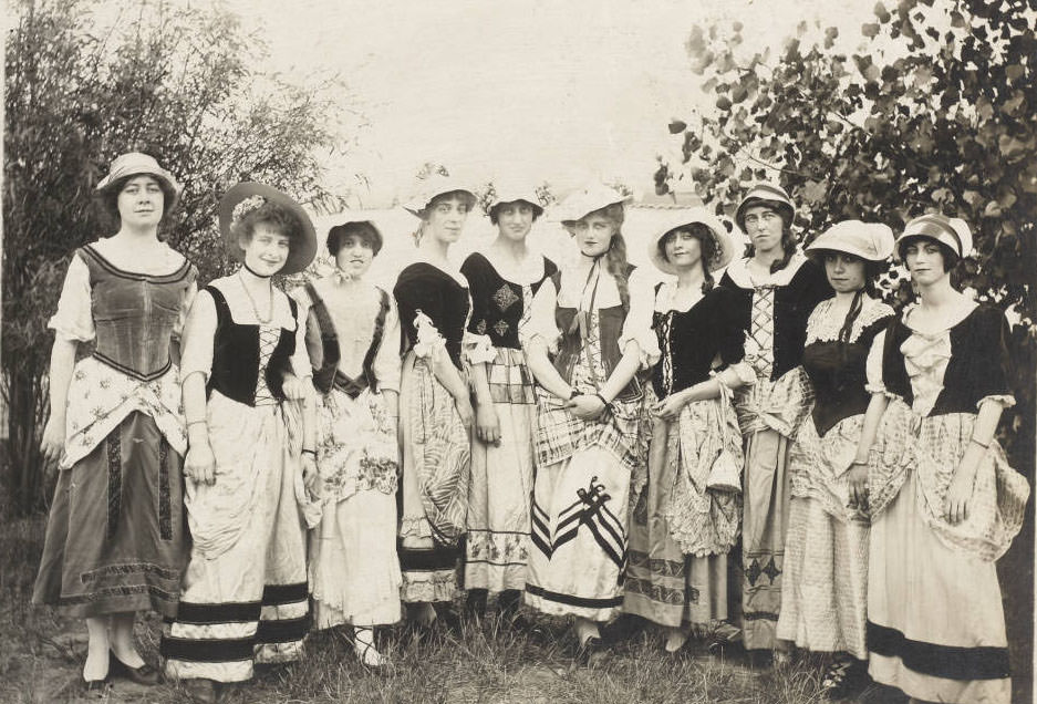 A group photograph of young women who performed the gavotte, a French folk dance, in the Pageant, Pageant and Masque of St. Louis.