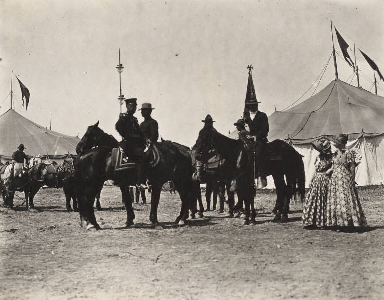 Offstage, actors and horses await their turn performing in the Pageant, 1914