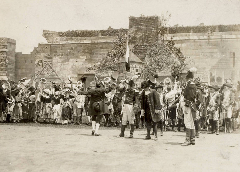 Populace cheering the raising of the French flag, Day of the Three Flags, Pageant, 1914