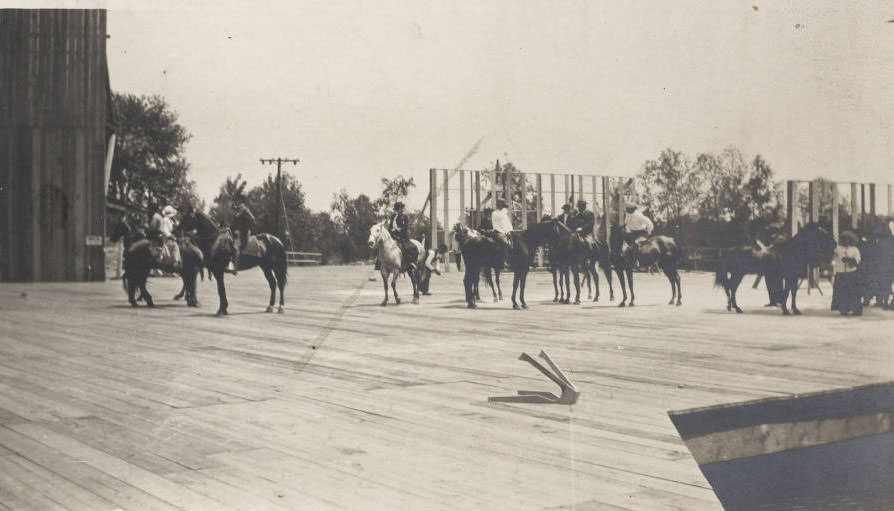 Riders bring horses on stage for the Pageant and Masque of St. Louis, 1914