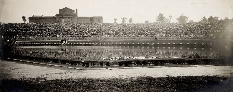 A view of the audience for the Pageant and Masque of St. Louis seen from the stage in Forest Park, St. Louis, Missouri.