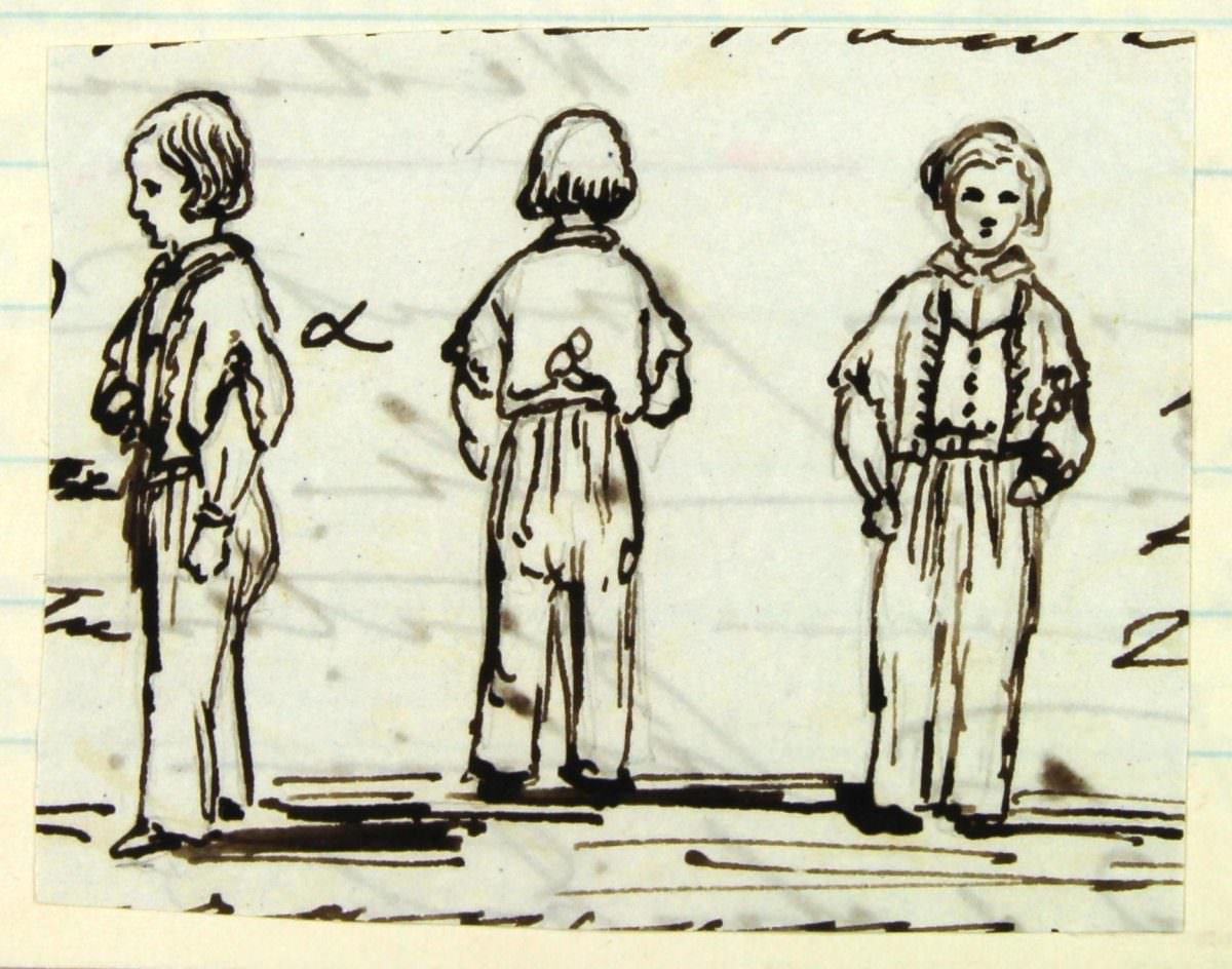 Tuesday 9th November 1847 Three sketches of Albert Edward, Prince of Wales, in jacket and trousers- profile; back view; front view- pen and ink sketches by Queen Victoria