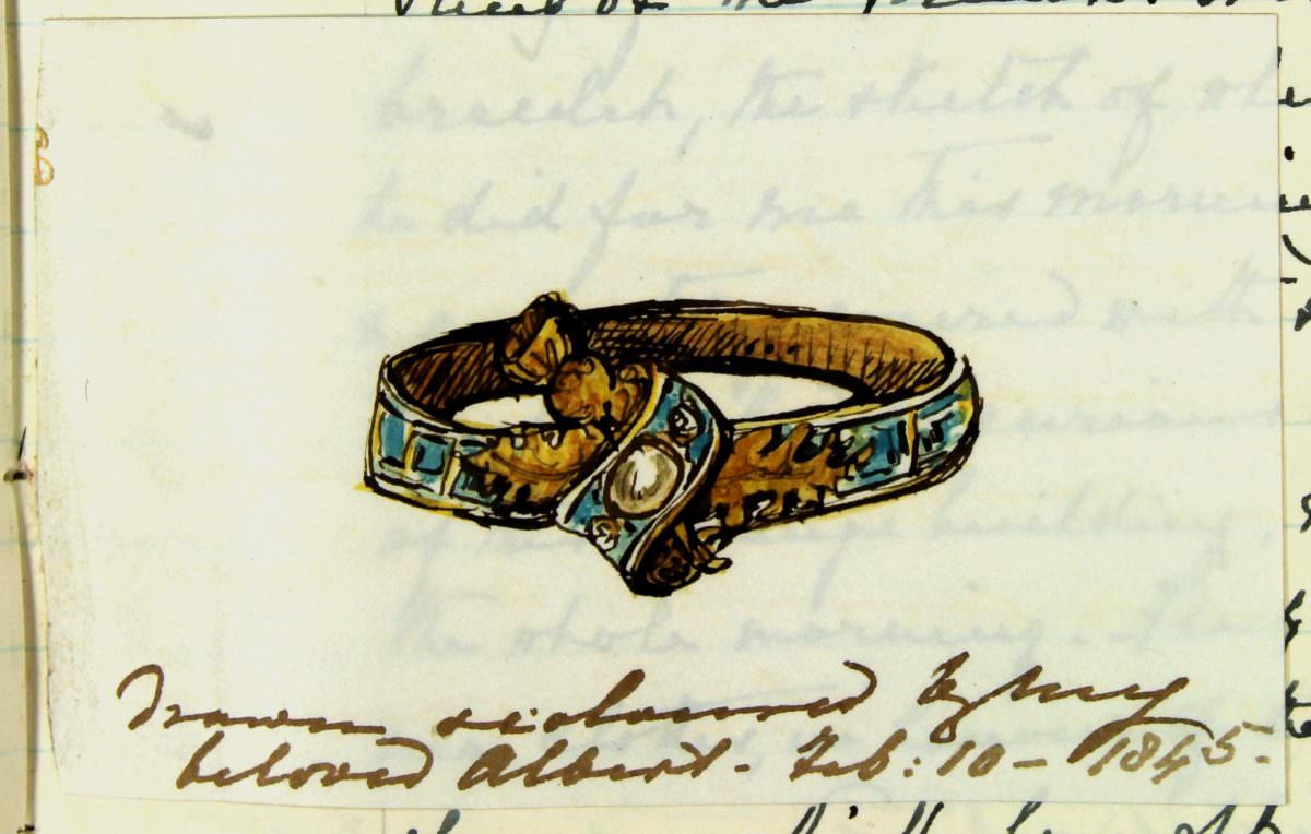 Monday 10th February 1845 Bracelet given to Queen Victoria by Prince Albert- pen and ink sketch with watercolour, by Prince Albert