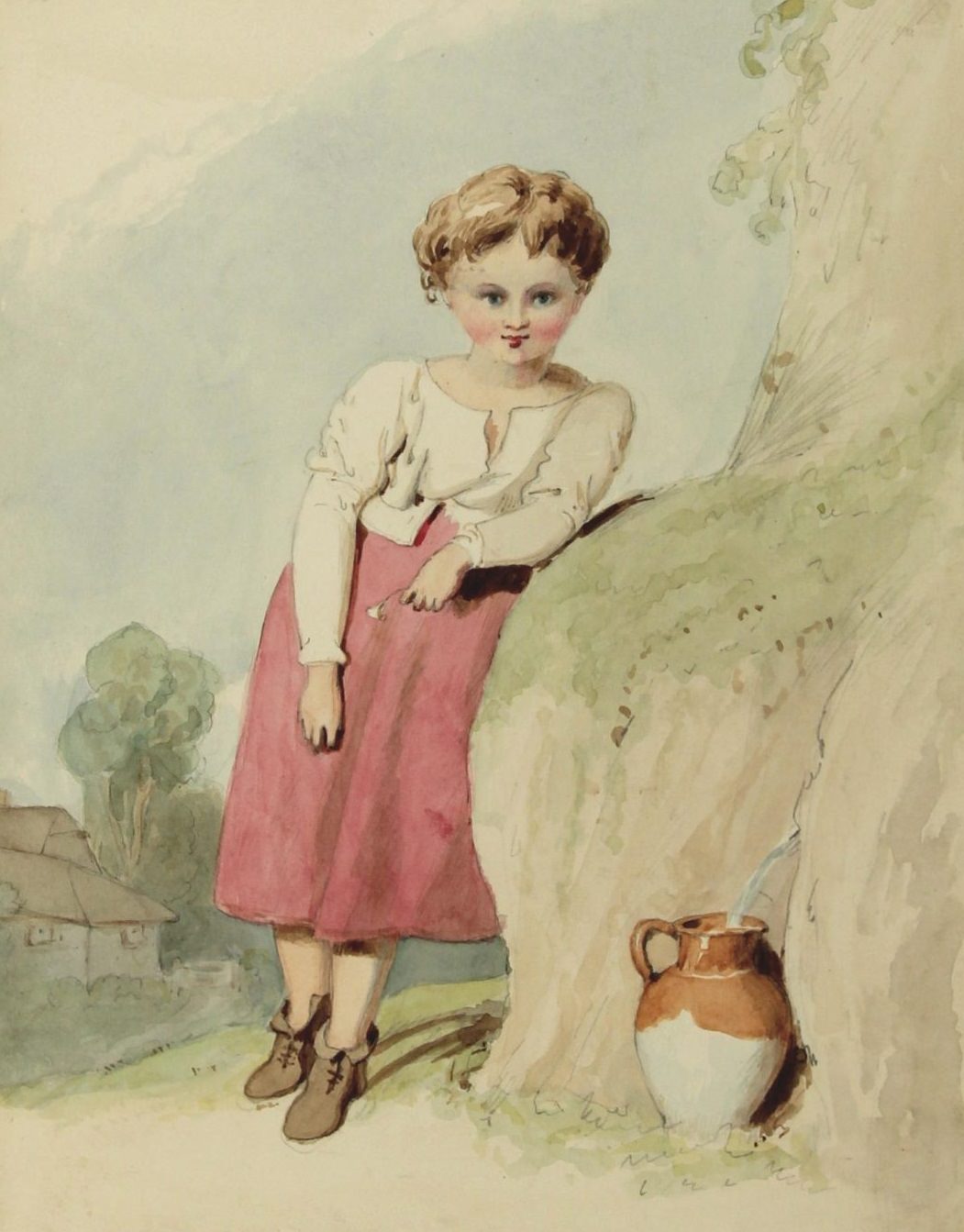 A young girl standing next to a spring. Watercolour, by Princess Victoria, after Richard Westall.