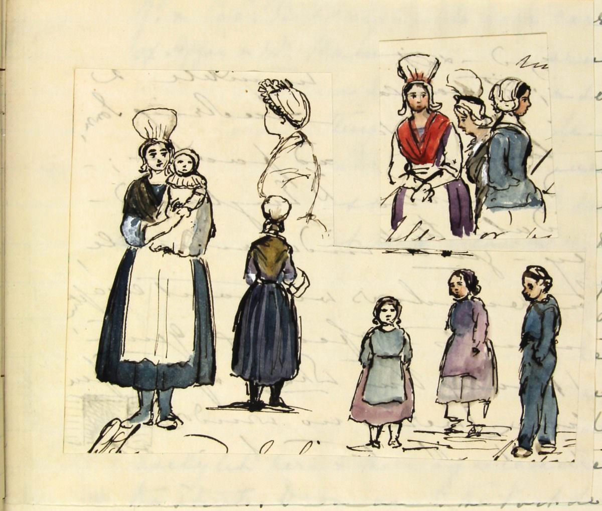 Tuesday 18th August 1857 Women and children of Cherbourg- pen and ink sketches with watercolour, by Queen Victoria