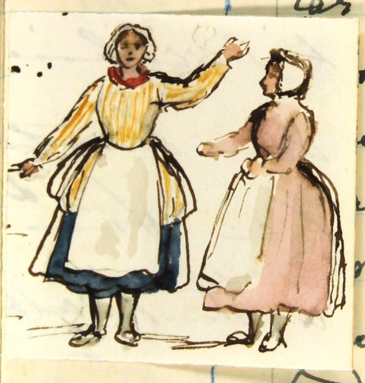 Saturday 3rd September 1842 Scottish fisherwomen- pen and ink sketch with watercolour, by Queen Victoria