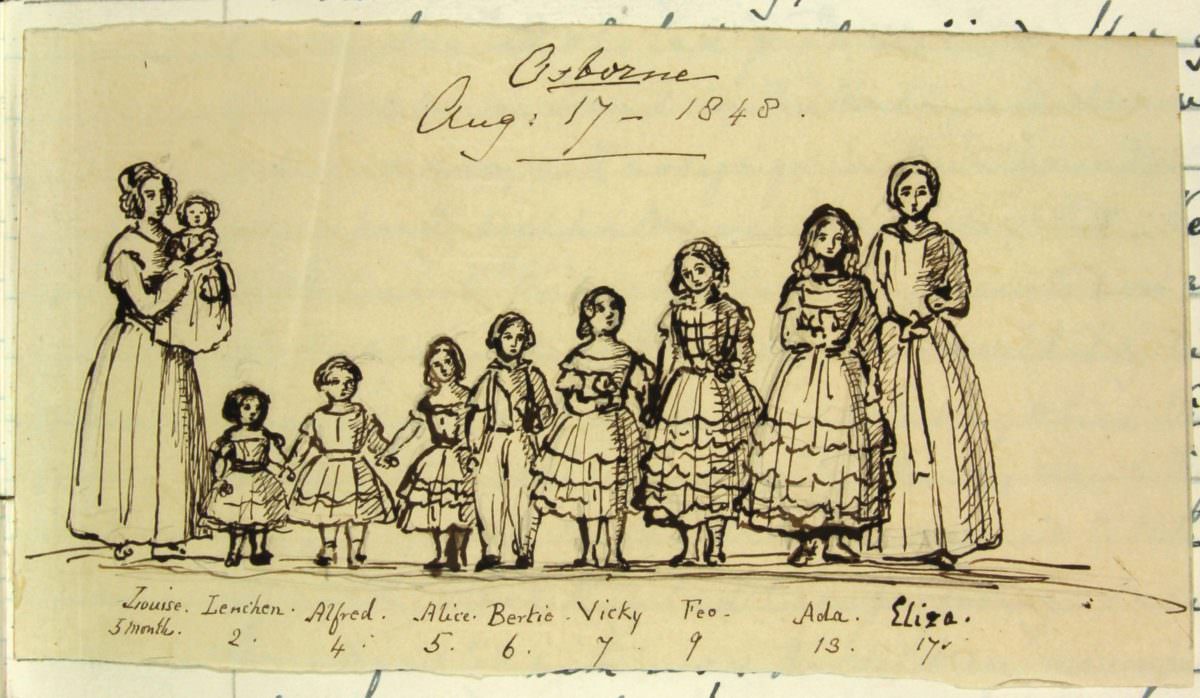 Thursday 17th August 1848 The nine grandchildren of the Duchess of Kent- pen and ink sketch by Queen Victoria