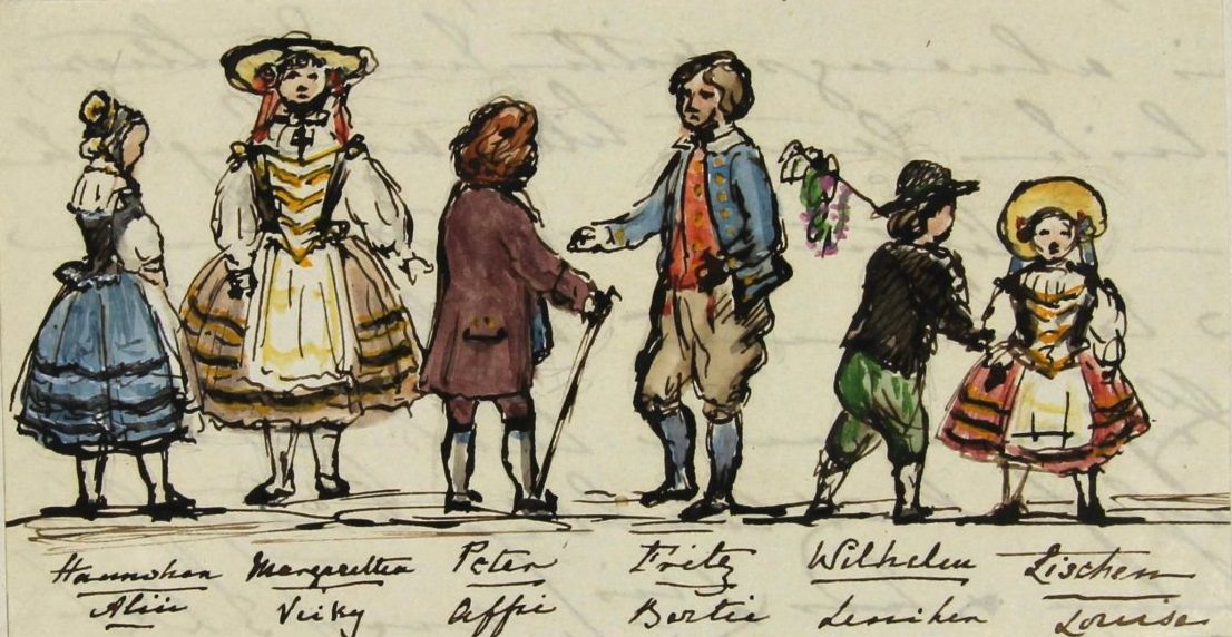 Tuesday 6th January 1852 Queen Victoria’s children in costume for a Twelfth Night performance- ink and watercolour sketch by Queen Victoria