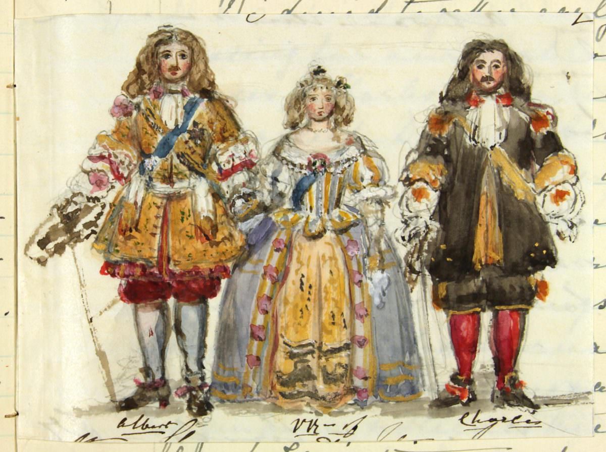 Friday 13th June 1851 Prince Albert, Queen Victoria and Prince Charles of Leiningen in their costumes for the Stuart Ball- watercolour by Queen Victoria