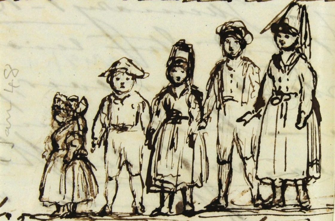Saturday 1st January 1848 Queen Victoria’s 5 children dressed as Coburg and Thüringen peasants- pen and ink sketch by Queen Victoria