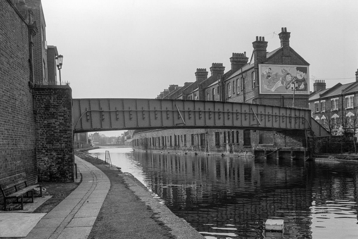 Footbridge, Grand Union Canal and Houses, Queens Park, Westminster, 1984