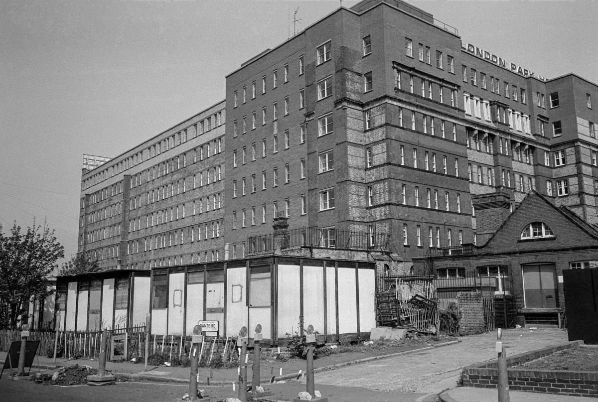 Prefabs, Dante Road, and London Park Hotel, Elephant & Castle, Southwark, 1982