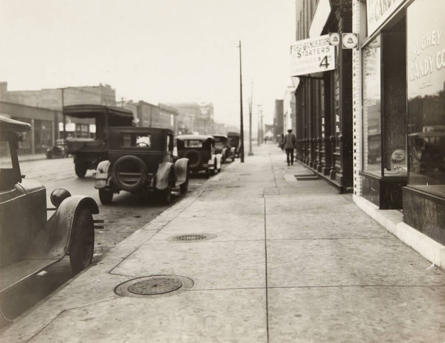 Sidewalk and storefronts along the 3800 block of Easton Ave. The Hughey Candy Co. was located at 3850 Easton.