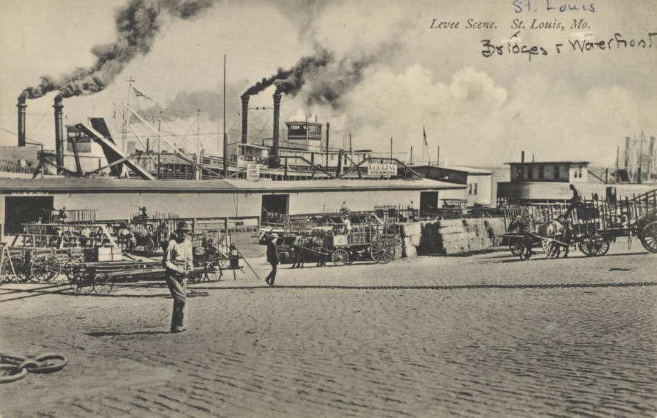 Workmen use horses and wagons to load and unload steamboats on the St. Louis, 1910