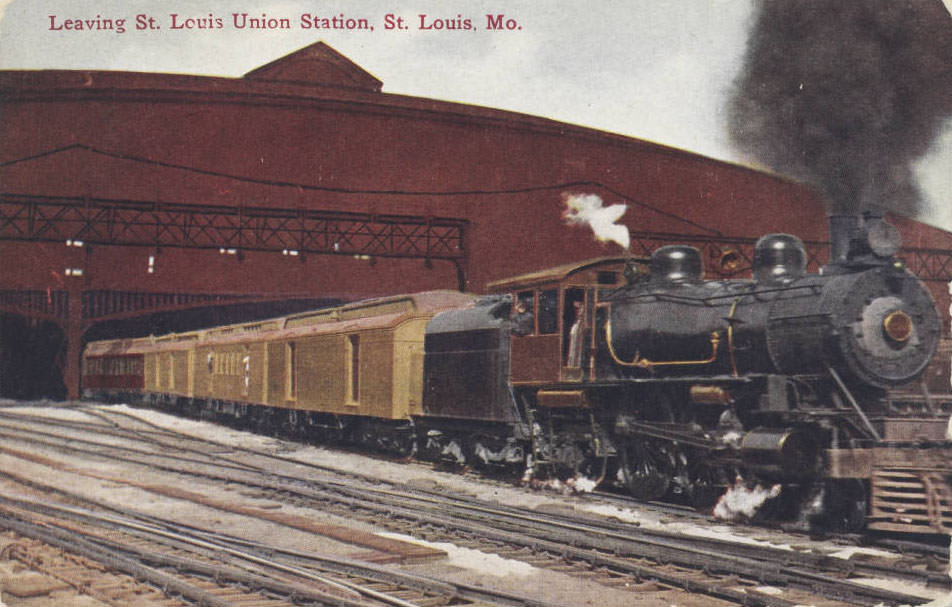 A locomotive leaving the train shed from Union Station, St. Louis, 1910